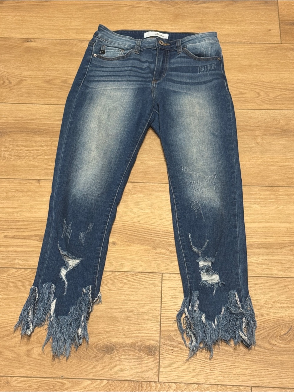 KanCan Medium Blue Distressed Jeans with Fringe Hem